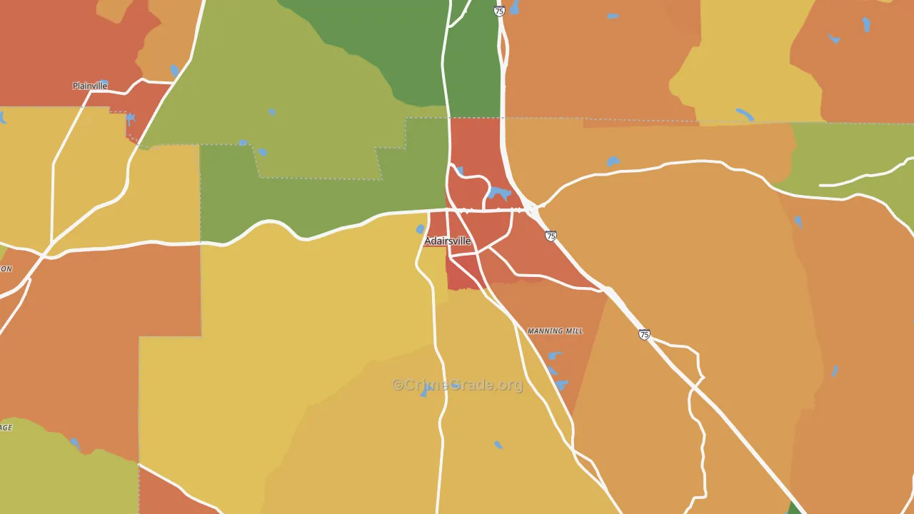 Adairsville, GA Map of Arson Rates