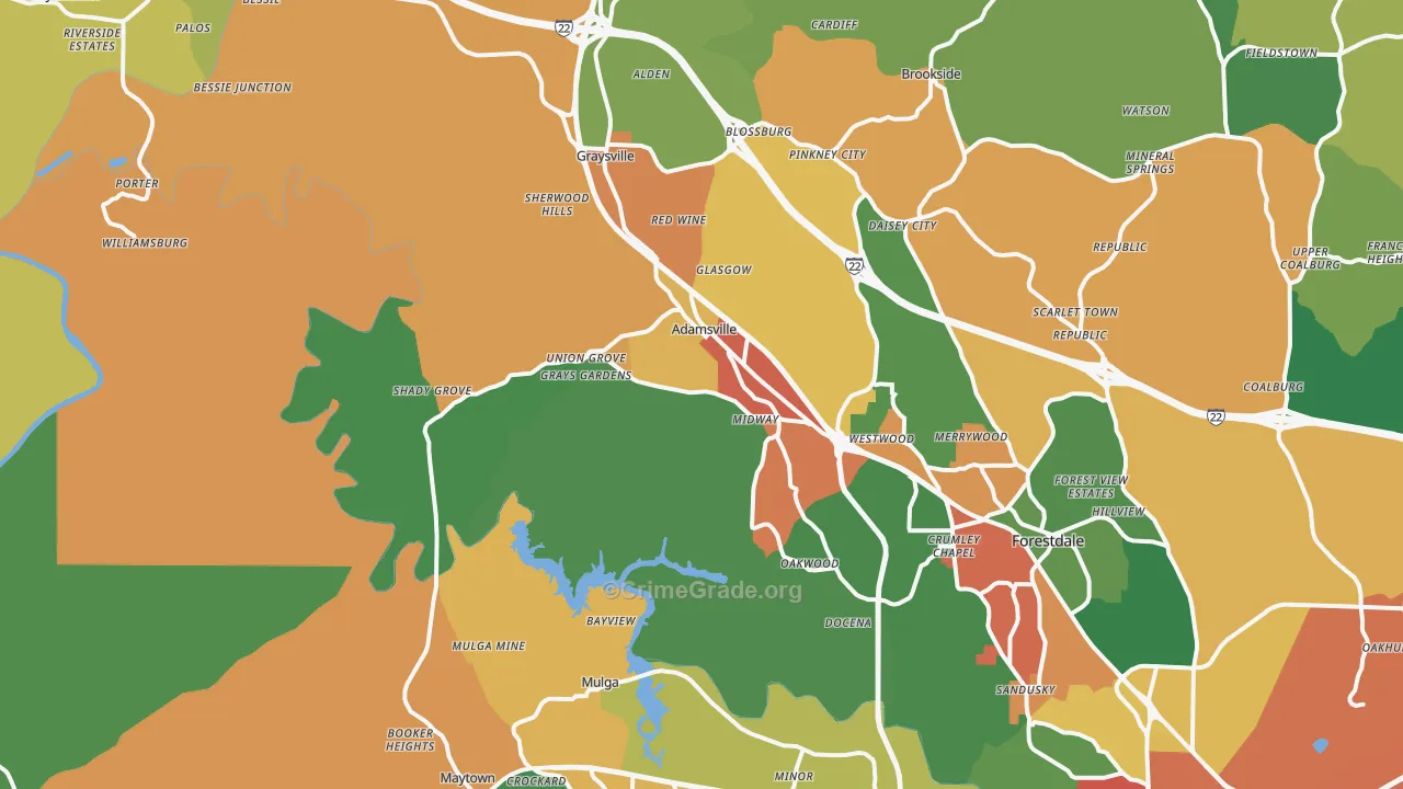 Adamsville, AL Map of Arson Rates