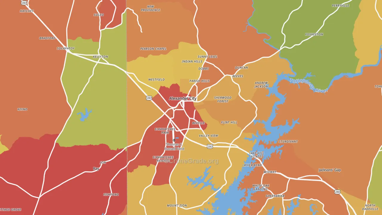 Alexander City, AL Map of Arson Rates