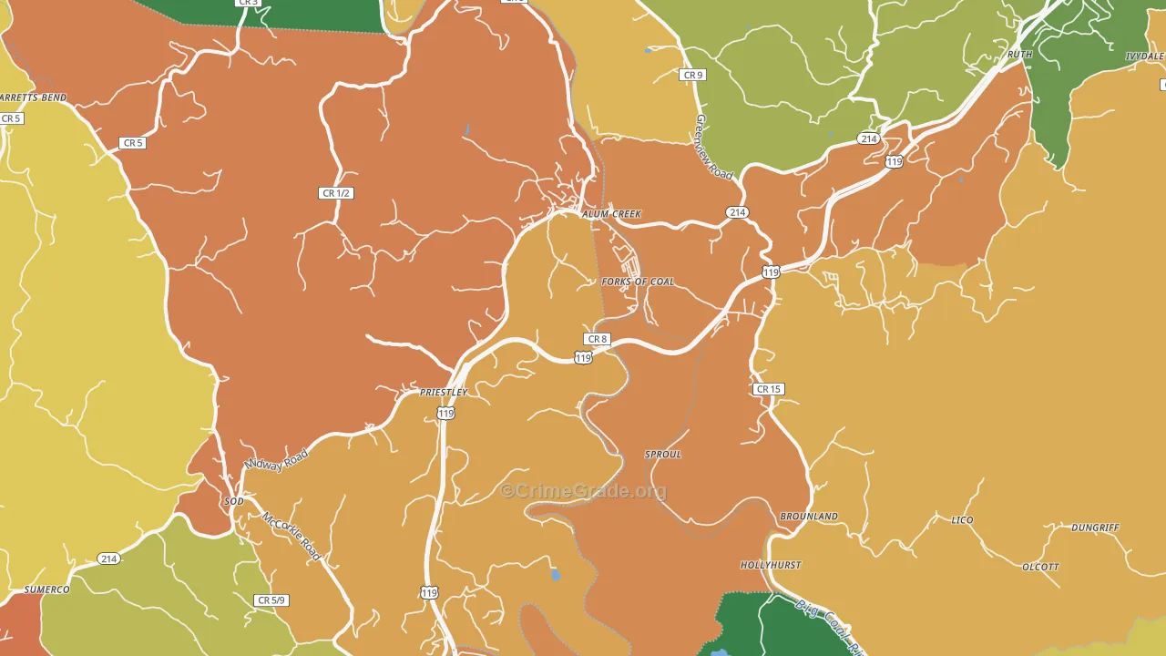 Alum Creek, WV Map of Arson Rates