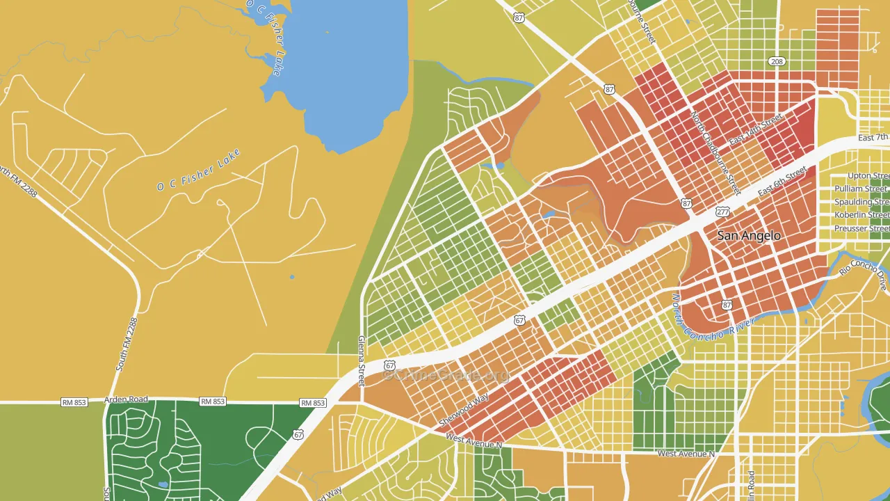 Angelo Heights, San Angelo, TX Map of Arson Rates