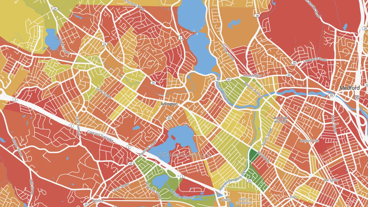 Arlington Center, Arlington, MA Map of Arson Rates