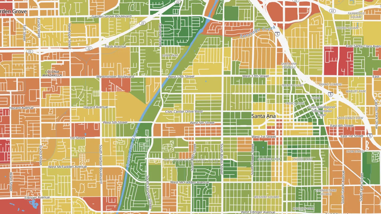 Artesia Pilar, Santa Ana, CA Map of Arson Rates