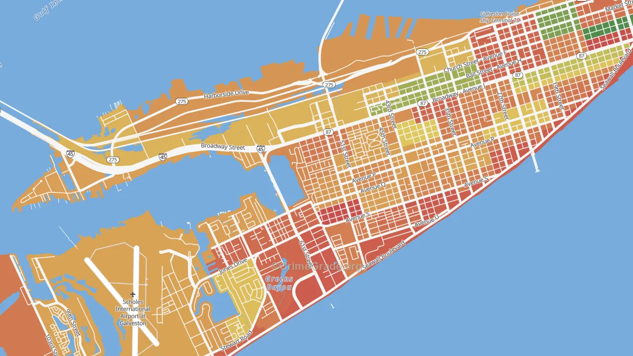 Bayou Shore, Galveston, TX Map of Arson Rates