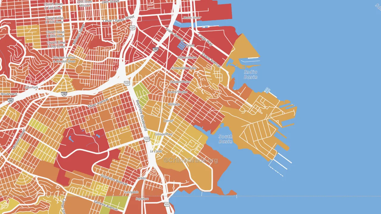 Bayview, San Francisco, CA Map of Arson Rates