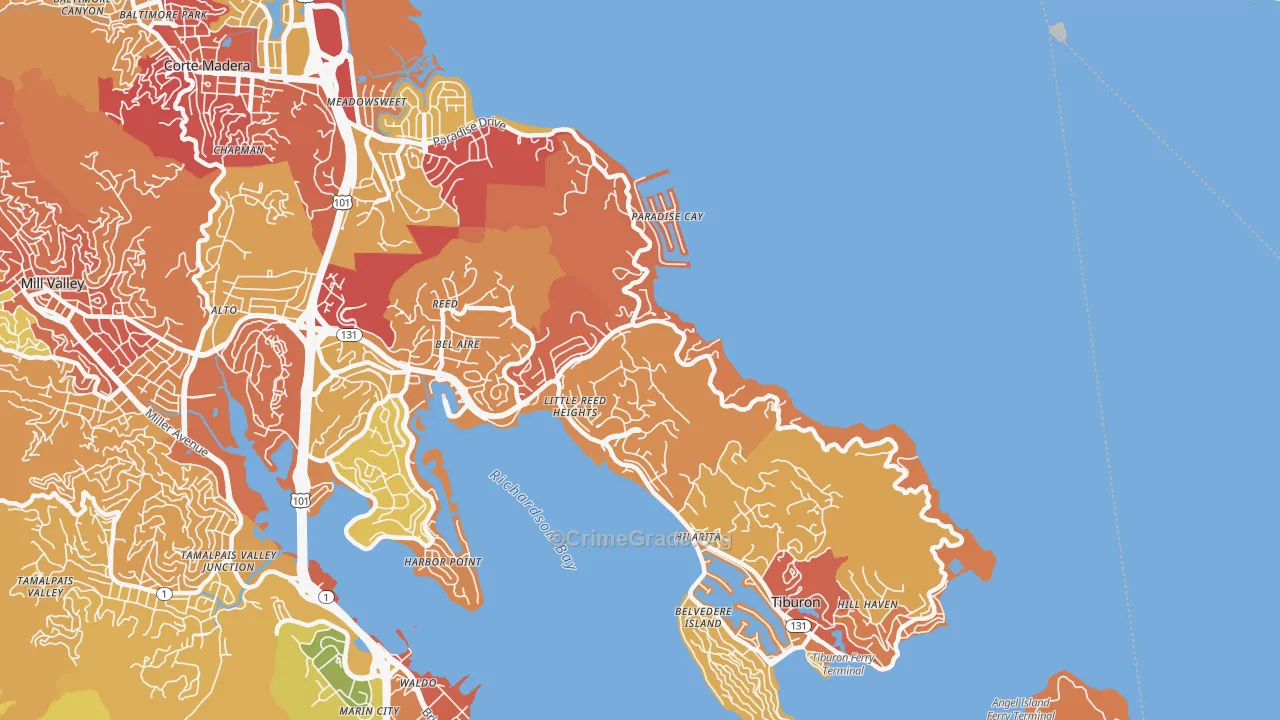 Belvedere-Tiburon, CA Map of Arson Rates
