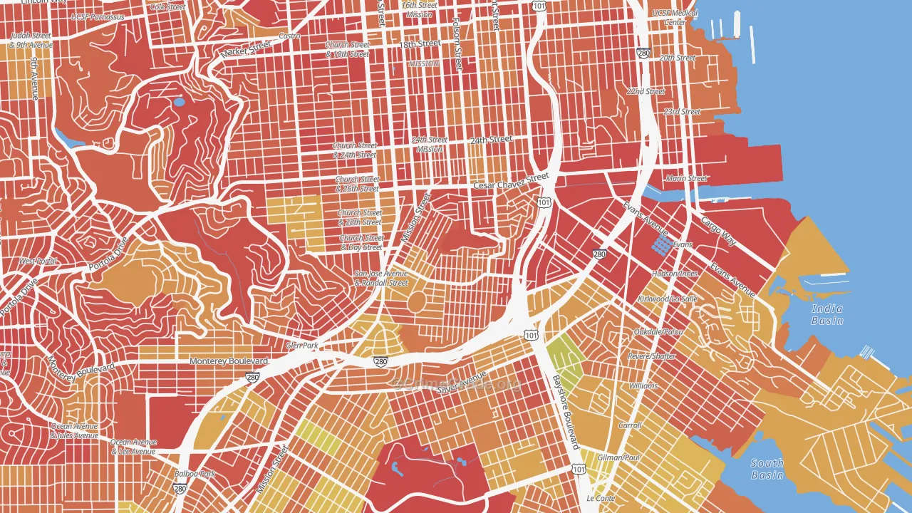 Bernal Heights, San Francisco, CA Map of Arson Rates