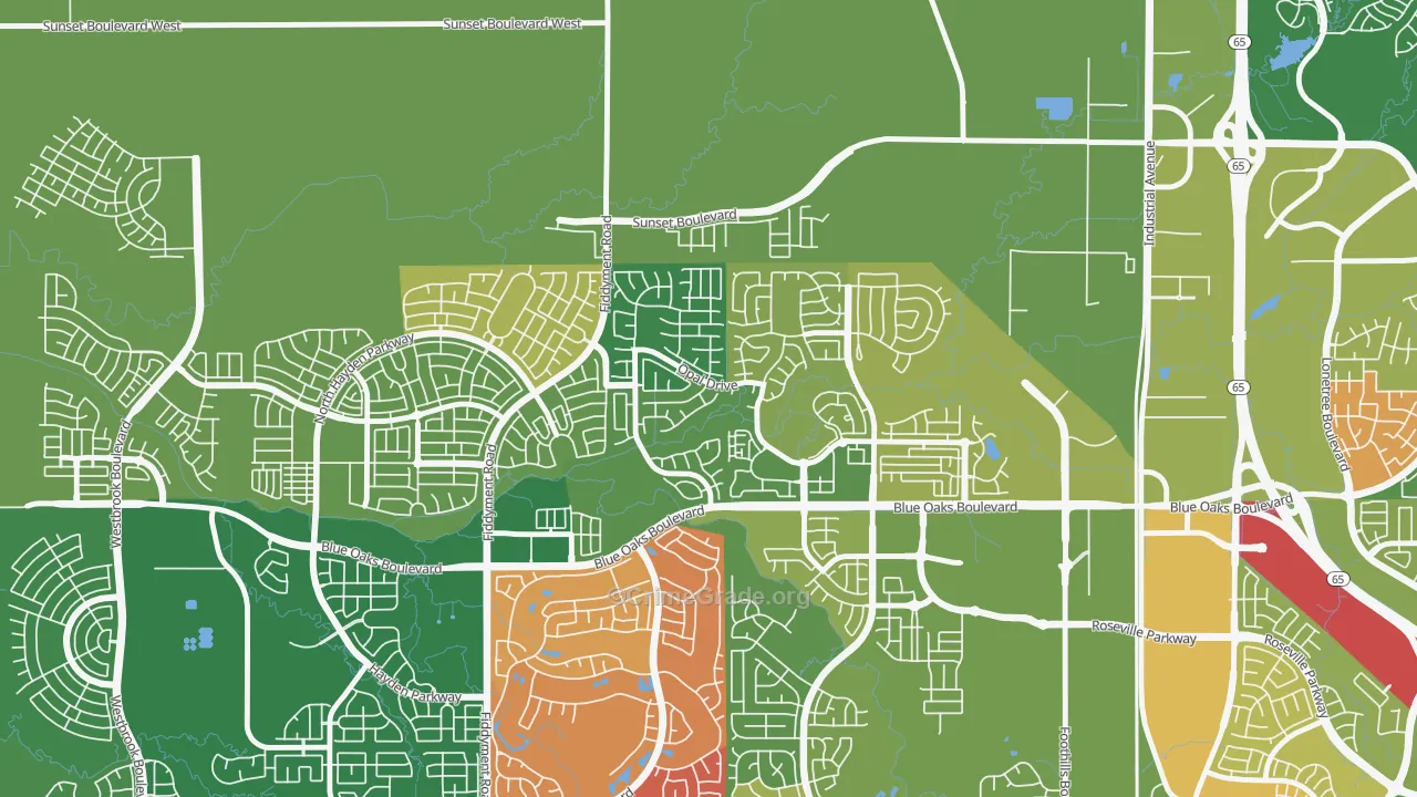 Blue Oaks, Roseville, CA Map of Arson Rates