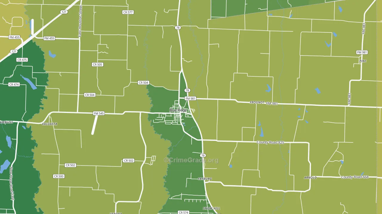 Blue Ridge, TX Map of Arson Rates