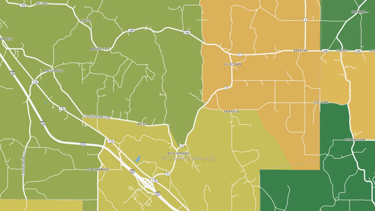 Blue Springs, MS Map of Arson Rates