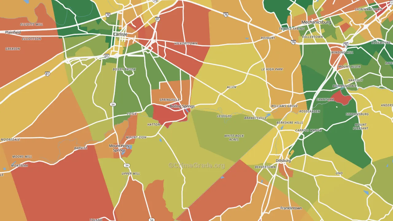 Boiling Springs, PA Map of Arson Rates