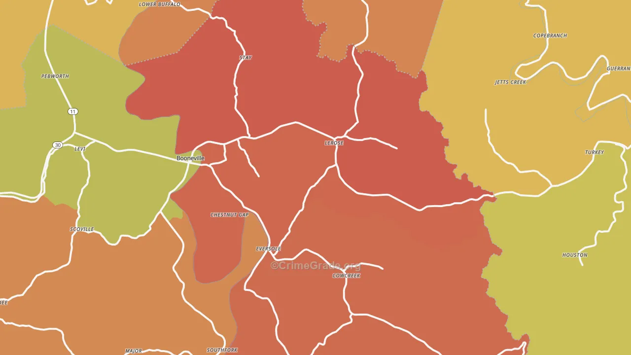 Booneville, KY Map of Arson Rates