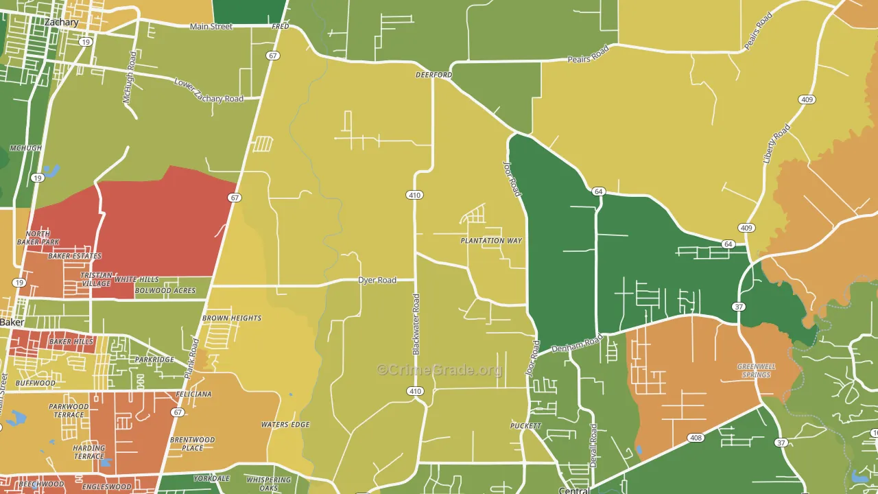 Brownsfield-Central, Baton Rouge, LA Map of Arson Rates