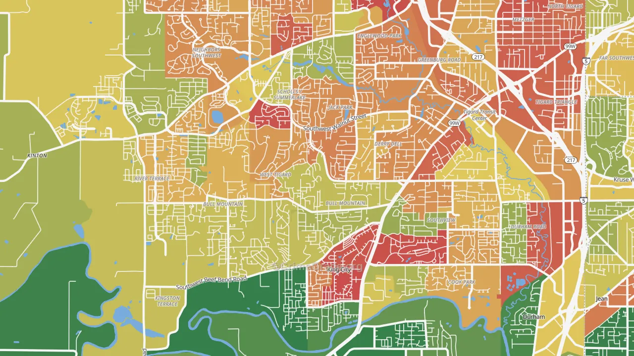 Bull Mountain, Tigard, OR Map of Arson Rates