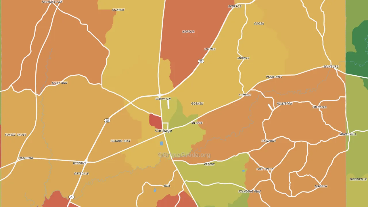 Carthage, MS Map of Arson Rates
