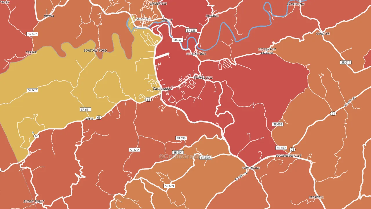 Castlewood, VA Map of Arson Rates