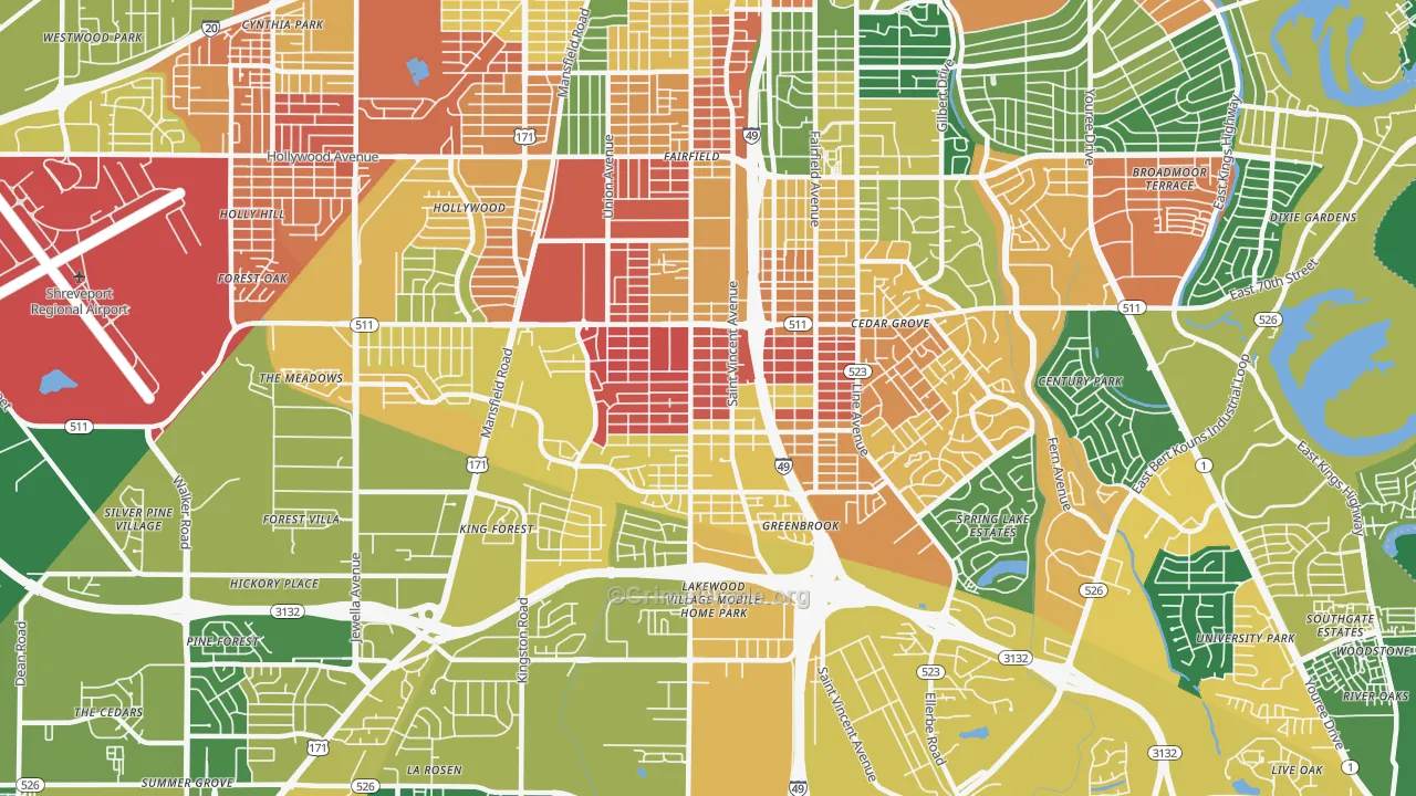 Ceder Grove-Lynbrook, Shreveport, LA Map of Arson Rates