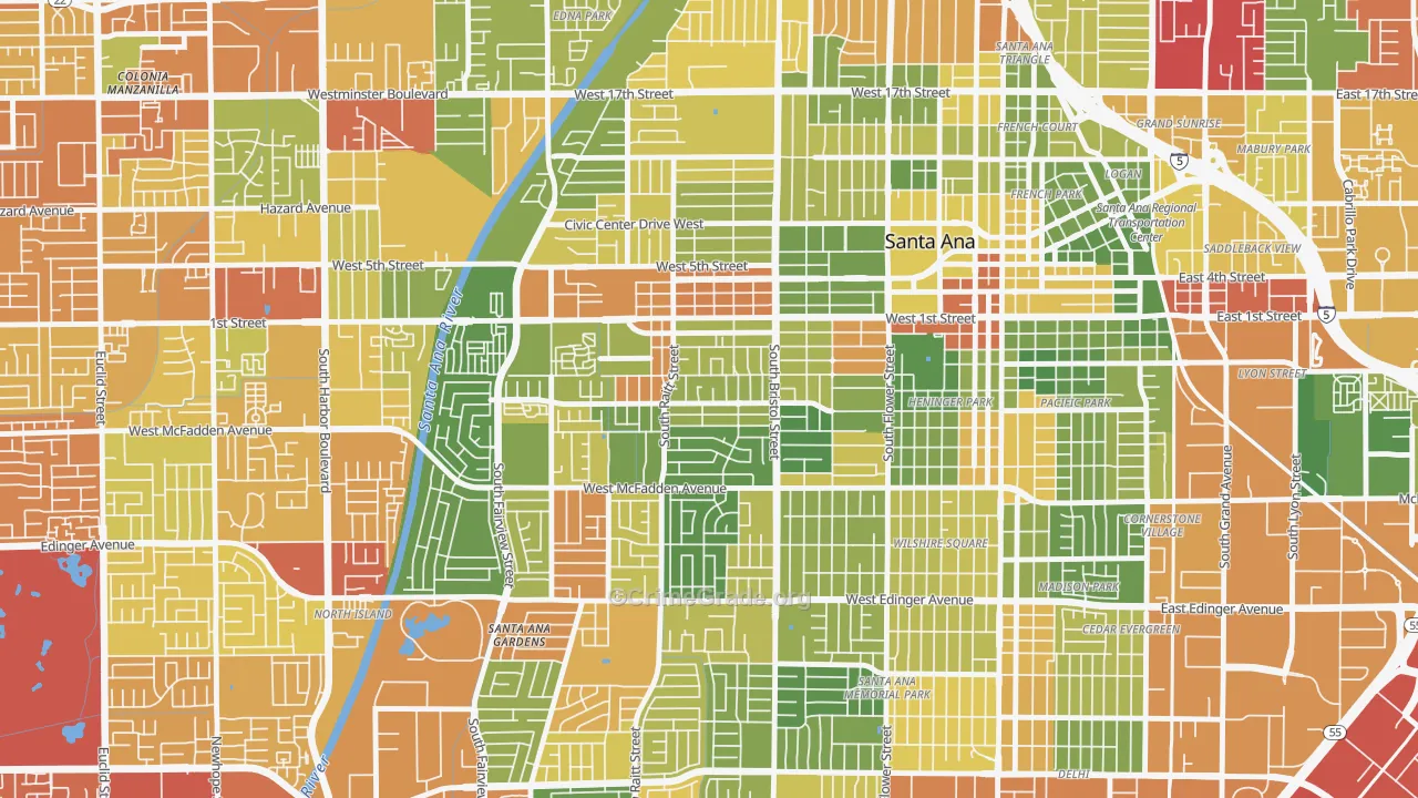 Central City Santa Ana, Santa Ana, CA Map of Arson Rates