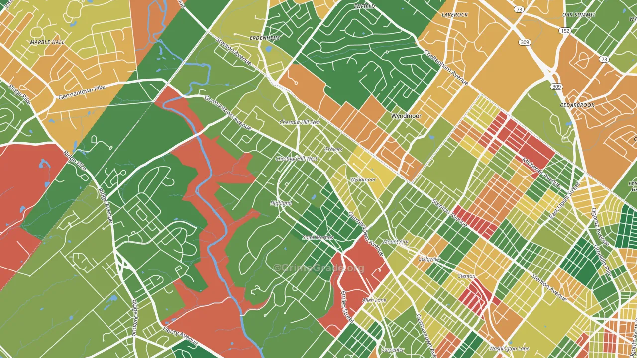 Chestnut Hill, Philadelphia, PA Map of Arson Rates