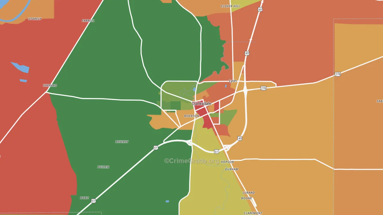 Clarksdale, MS Map of Arson Rates