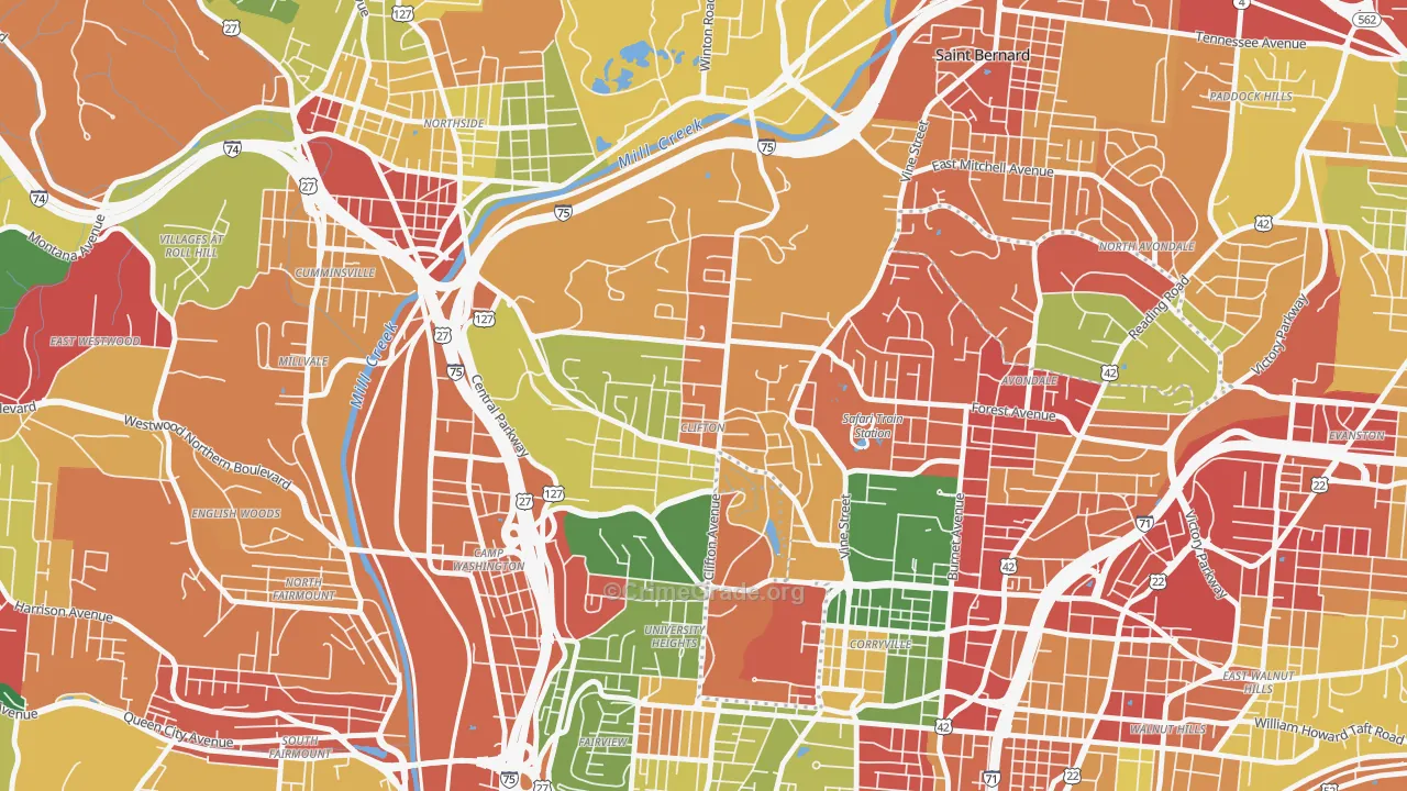 Clifton, Cincinnati, OH Map of Arson Rates