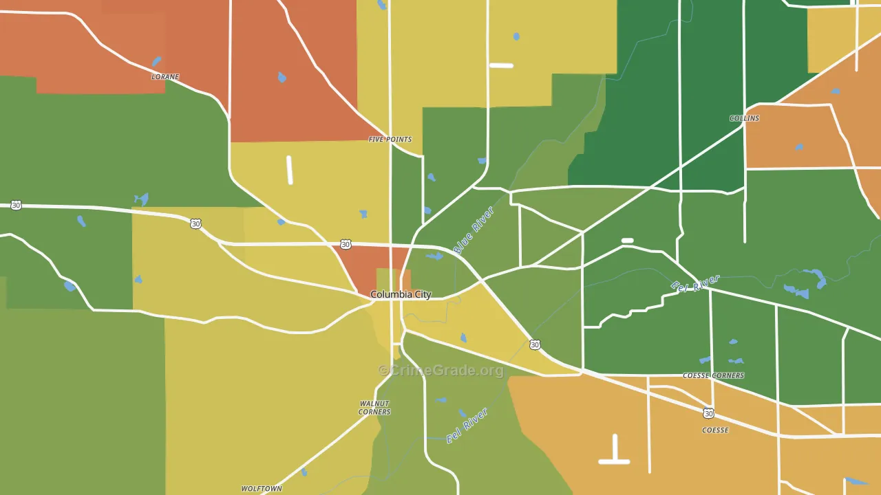 Columbia City, IN Map of Arson Rates