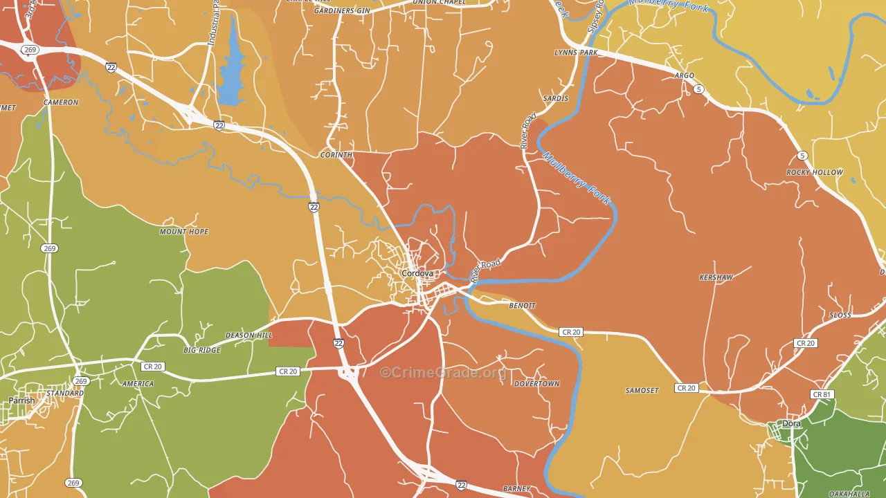 Cordova, AL Map of Arson Rates
