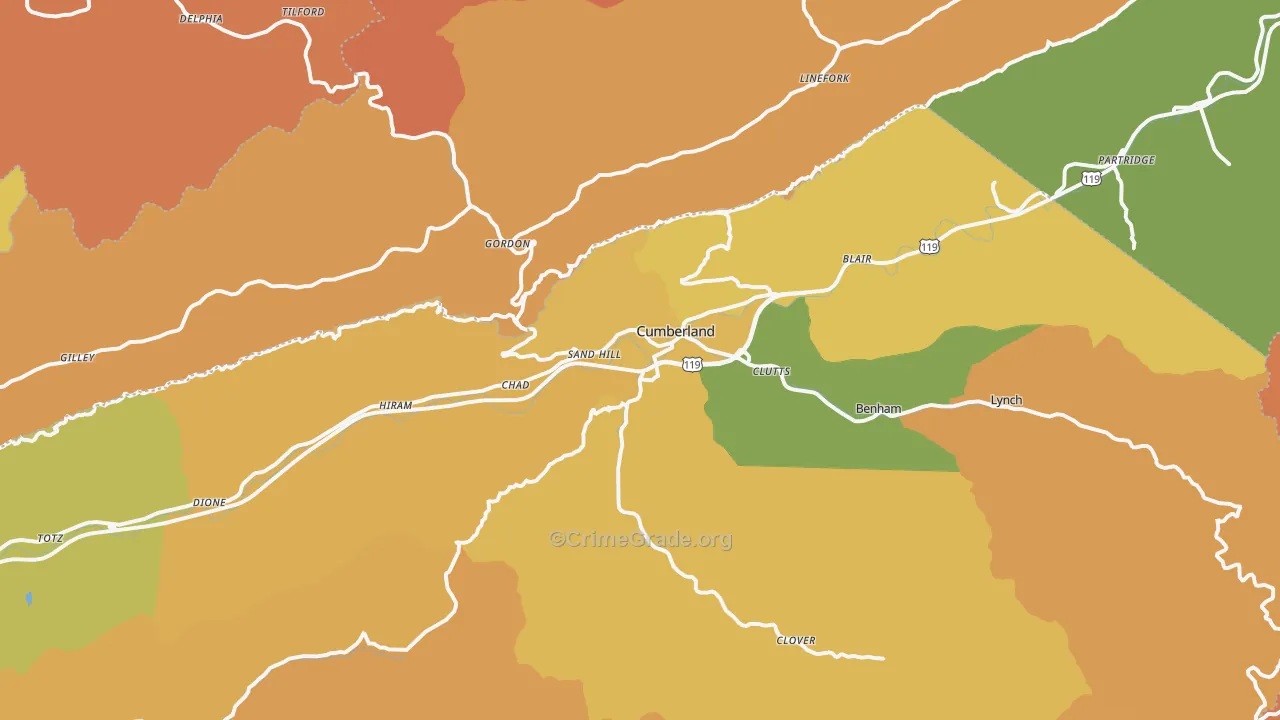 Cumberland, KY Map of Arson Rates