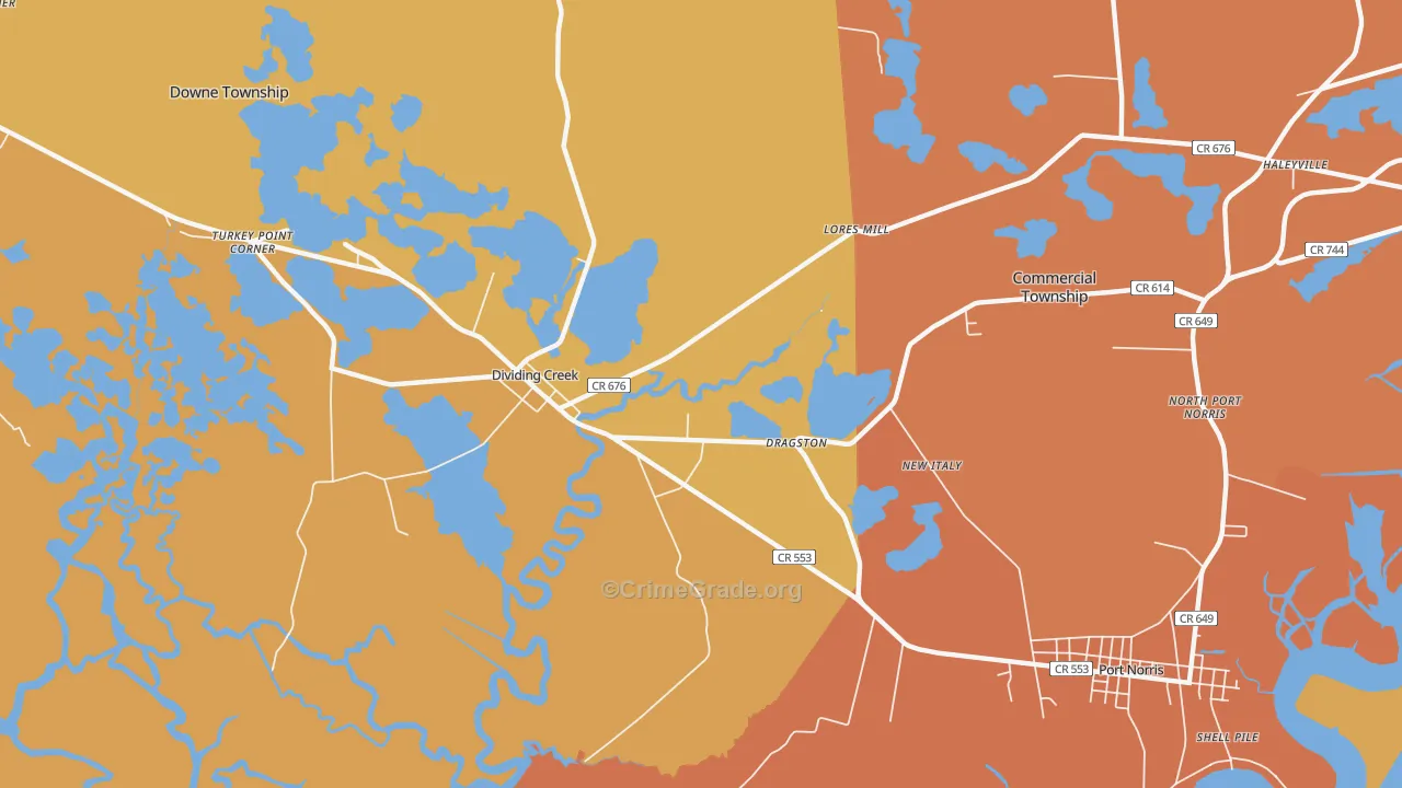 Dividing Creek, NJ Map of Arson Rates
