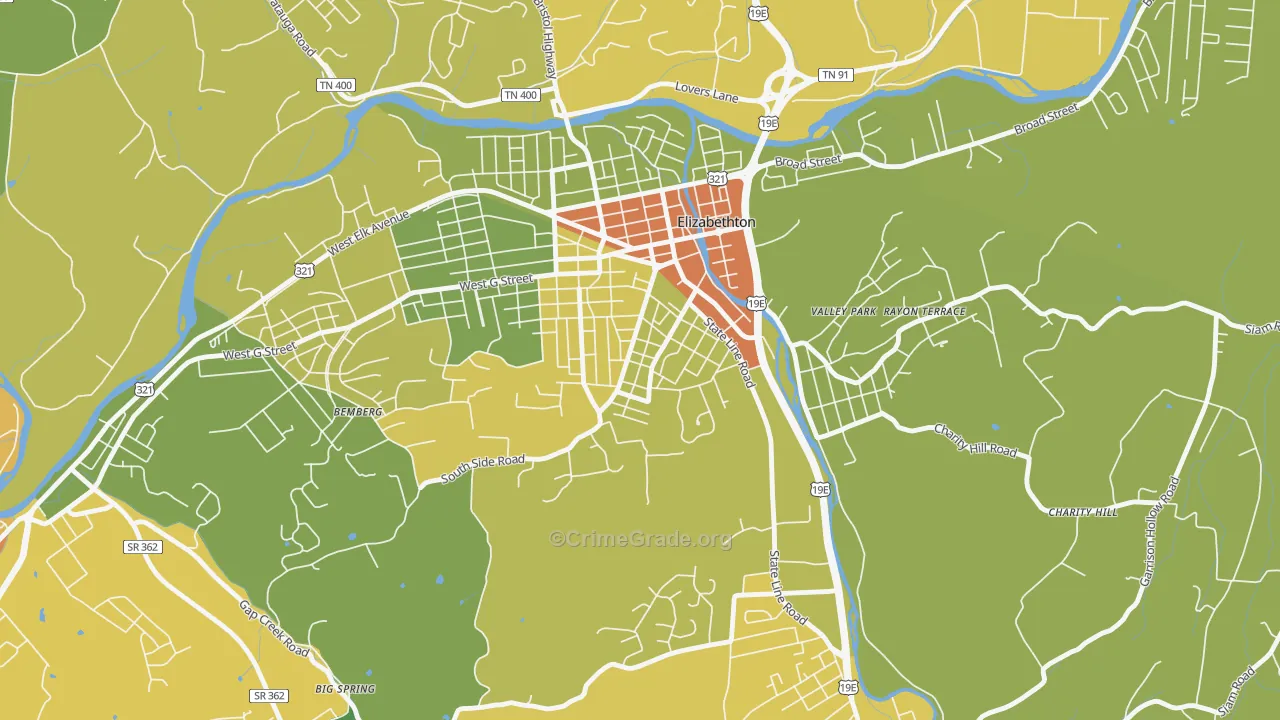Douglas, Elizabethton, TN Map of Arson Rates