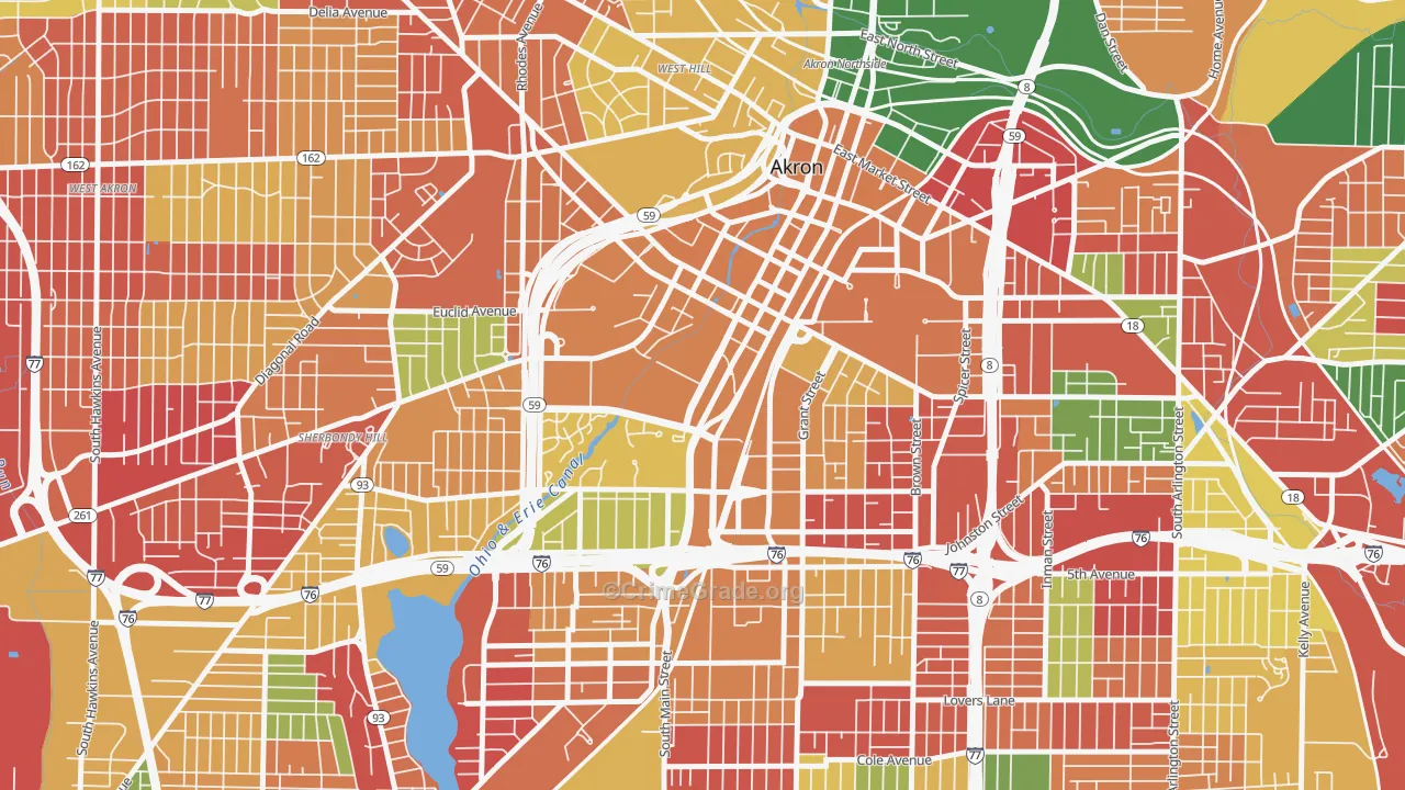 Downtown Akron, Akron, OH Map of Arson Rates