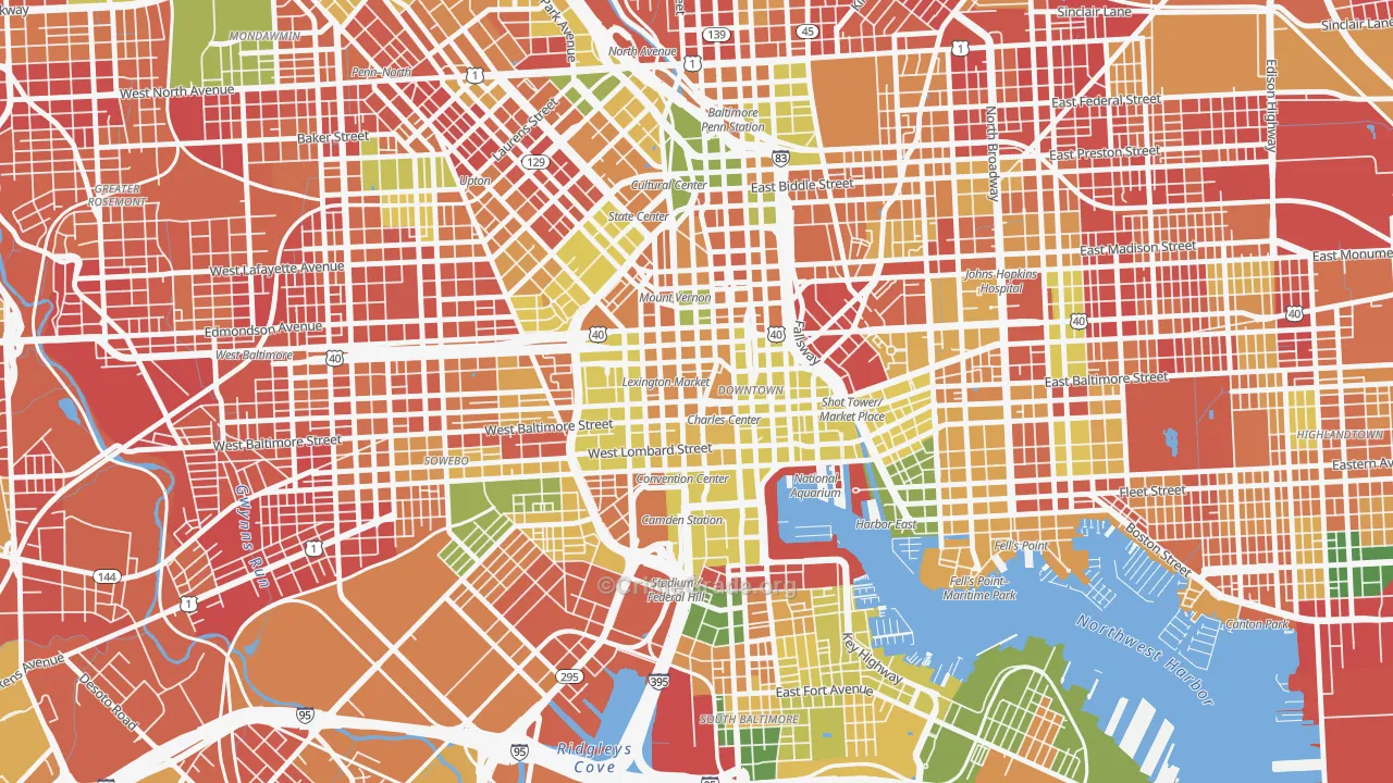 Downtown, Baltimore, MD Map of Arson Rates