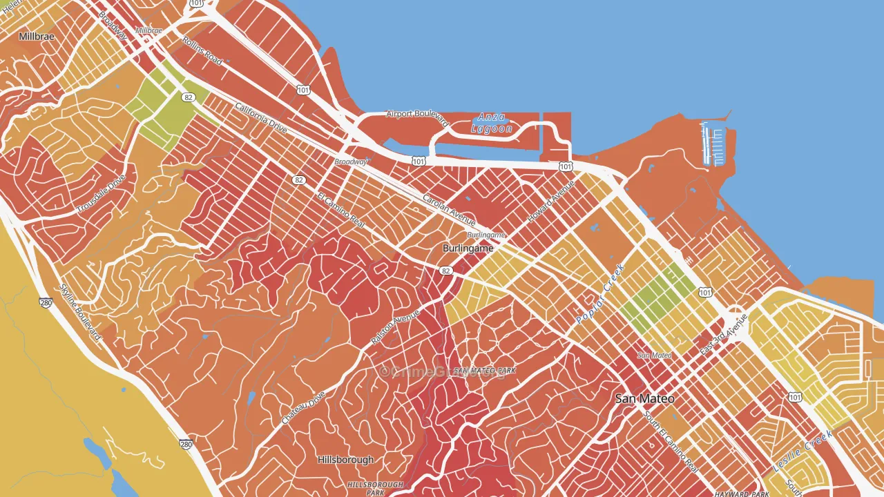Downtown Burlingame, Burlingame, CA Map of Arson Rates