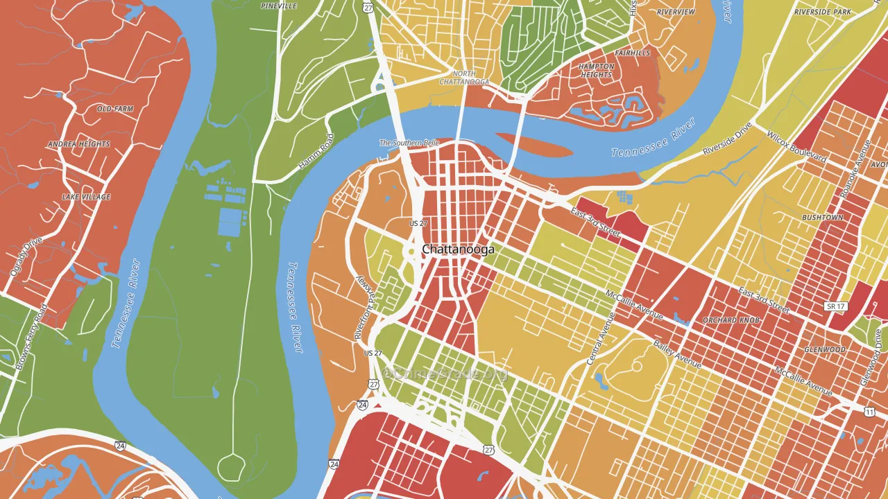 Downtown Chattanooga, Chattanooga, TN Map of Arson Rates