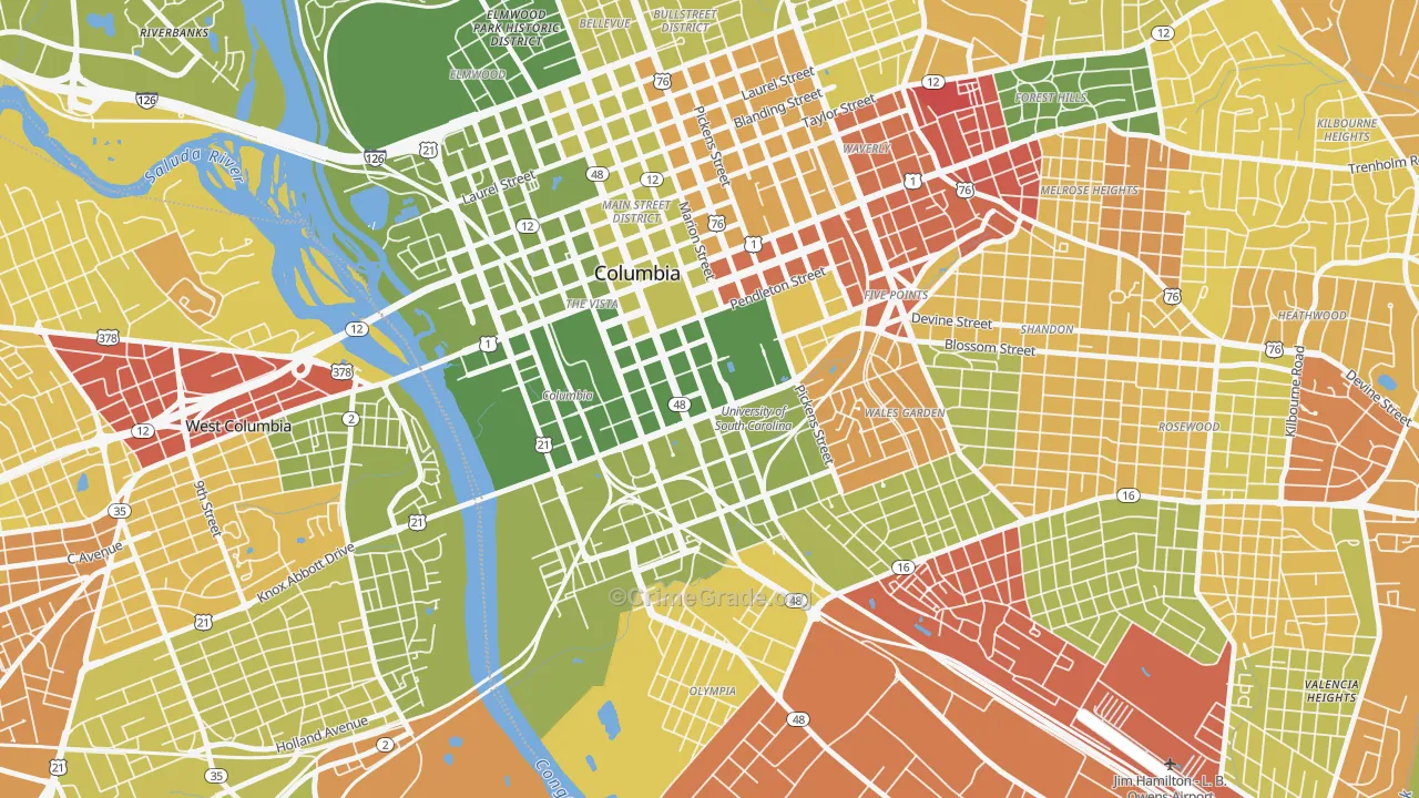 Downtown Columbia, Columbia, SC Map of Arson Rates