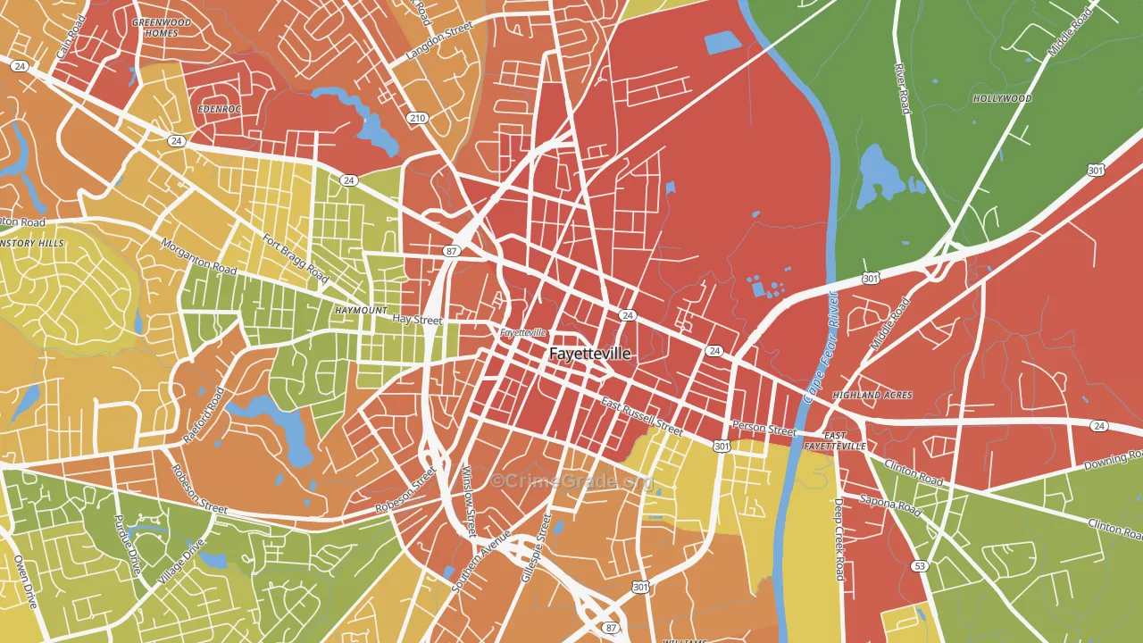 Downtown Fayetteville, Fayetteville, NC Map of Arson Rates