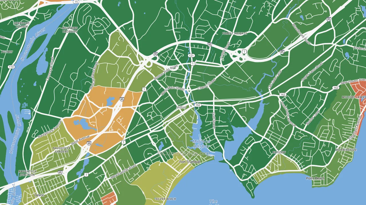 Downtown Harbor-Post Road South, Milford, CT Map of Arson Rates