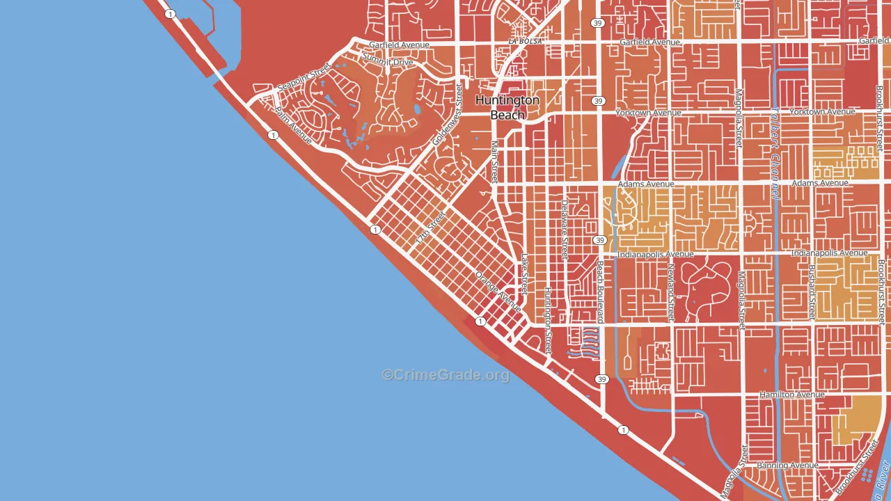 Downtown Huntington Beach, Huntington Beach, CA Map of Arson Rates