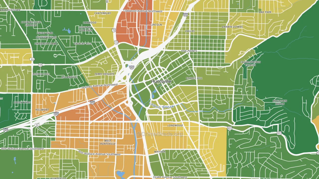 Downtown Huntsville, Huntsville, AL Map of Arson Rates