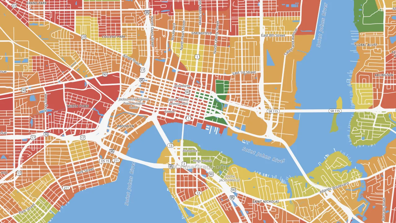Downtown Jacksonville, Jacksonville, FL Map of Arson Rates