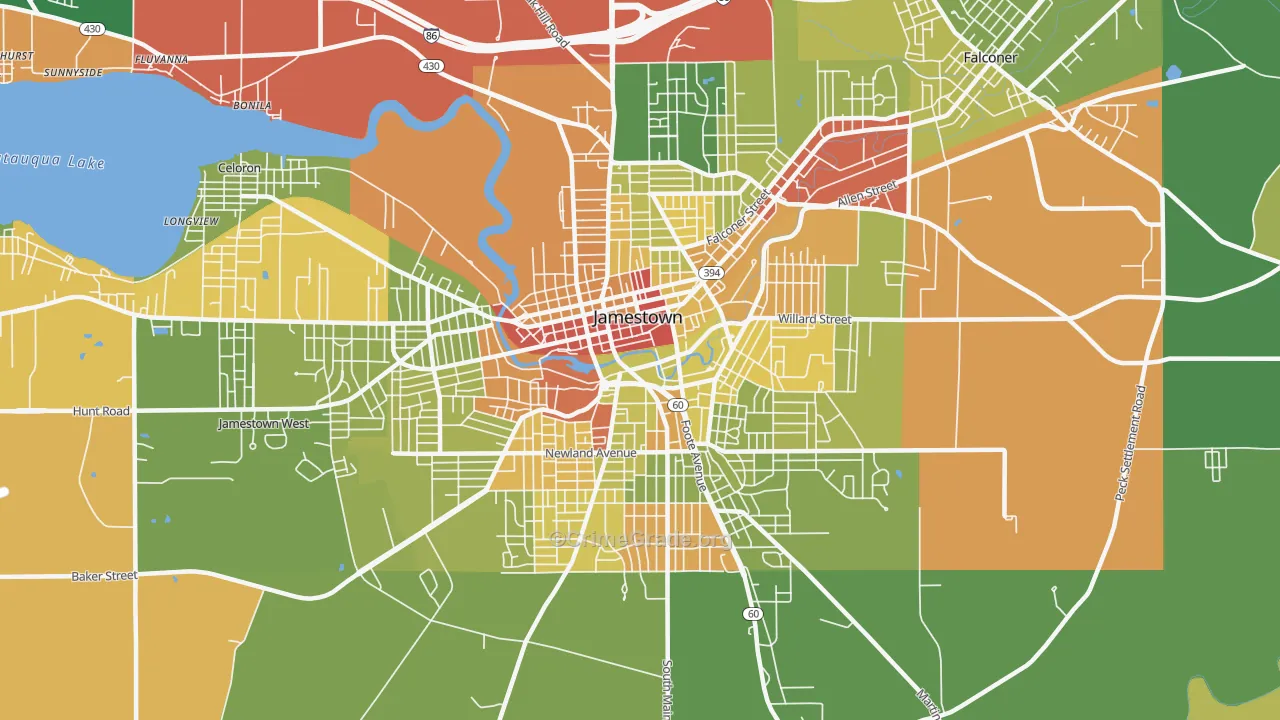 Downtown Jamestown, Jamestown, NY Map of Arson Rates