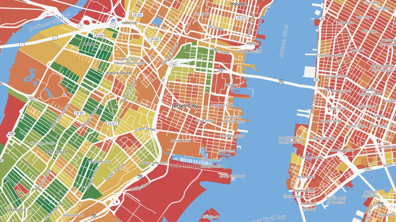 Downtown Jersey City, Jersey City, NJ Map of Arson Rates