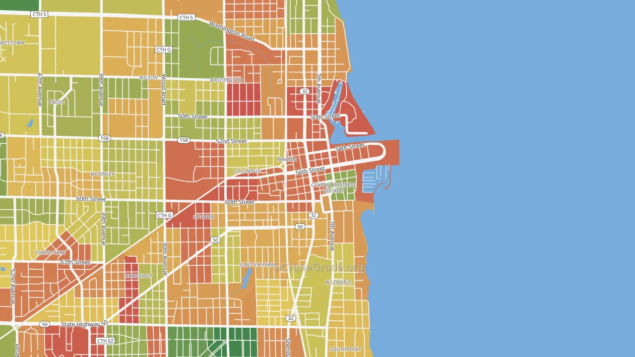 Downtown, Kenosha, WI Map of Arson Rates