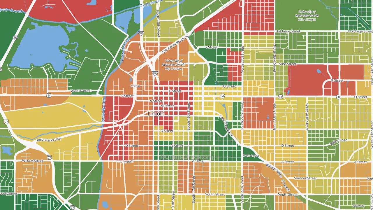 Downtown Lincoln, Lincoln, NE Map of Arson Rates