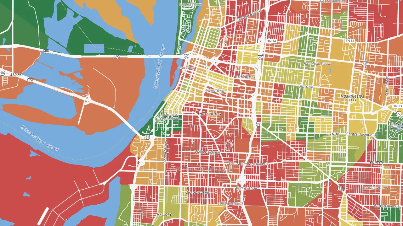 Downtown Memphis, Memphis, TN Map of Arson Rates