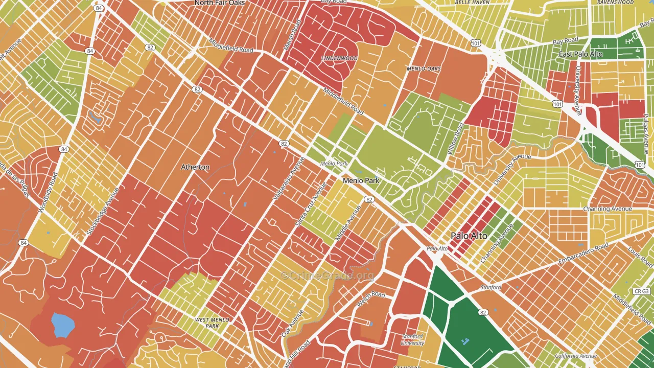 Downtown Menlo Park, Menlo Park, CA Map of Arson Rates