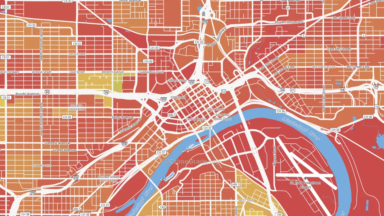 Downtown Minneapolis, St. Paul, MN Map of Arson Rates