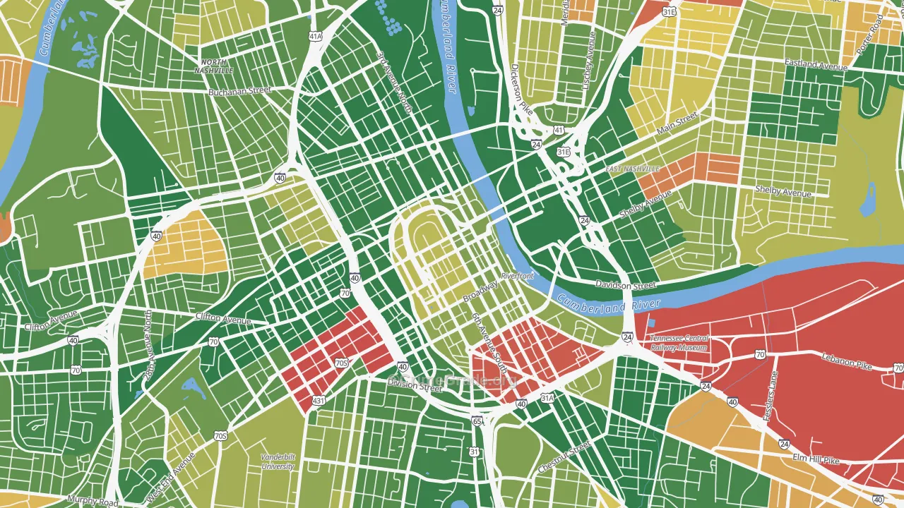Downtown Nashville, Nashville, TN Map of Arson Rates