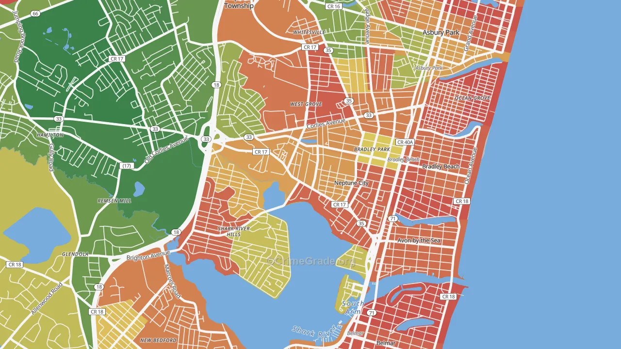 Downtown Neptune City, Neptune City, NJ Map of Arson Rates