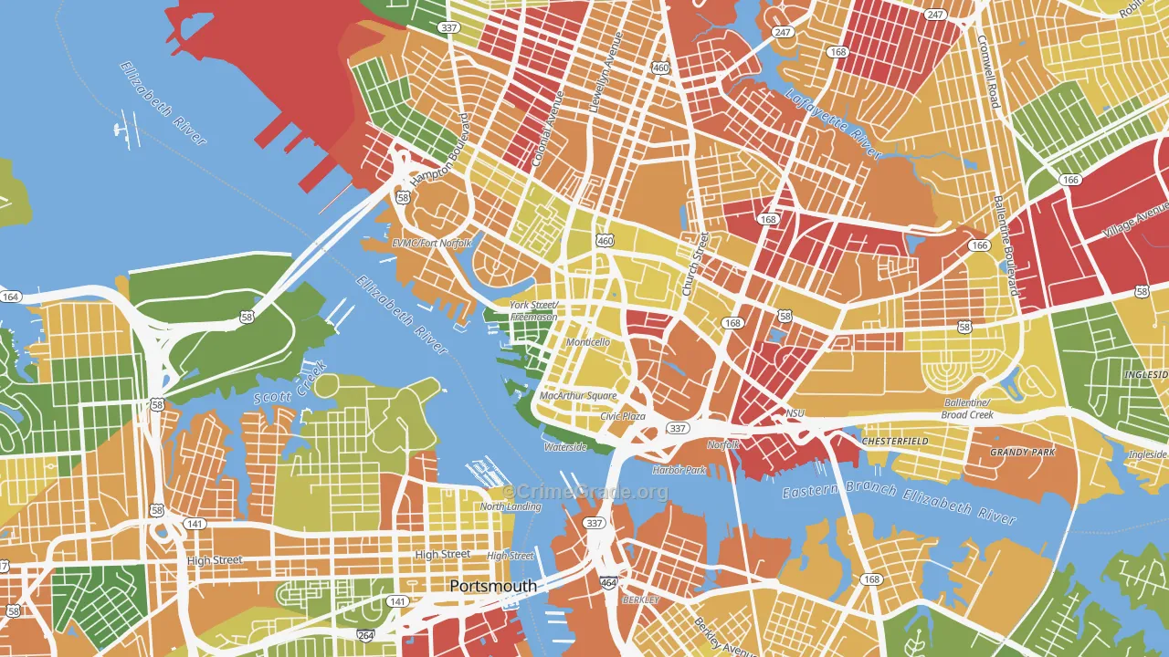 Downtown Norfolk, Norfolk, VA Map of Arson Rates
